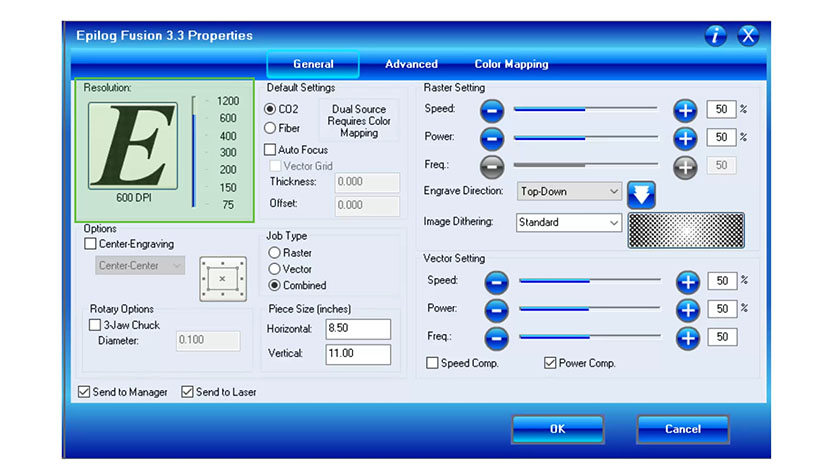 The Resolution settings in the Epilog Fusion print driver. 