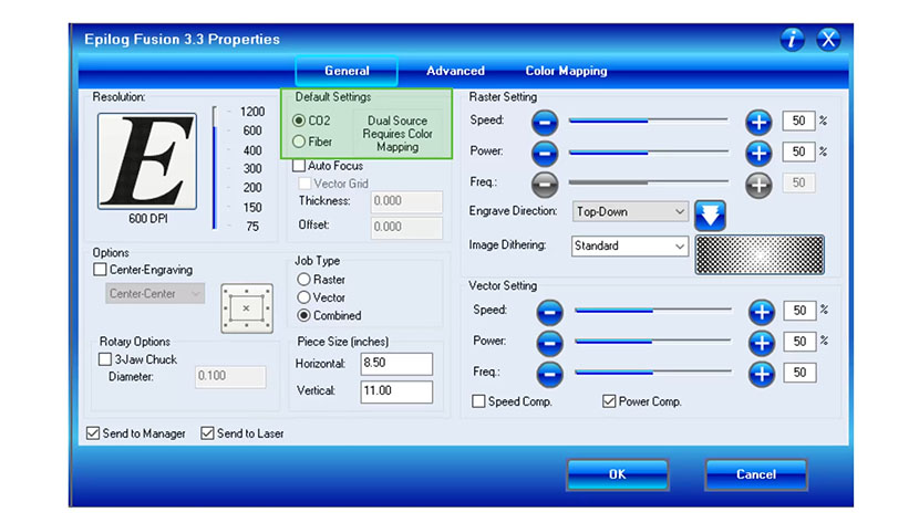 The CO2 and Fiber laser settings in the Fusion print driver.