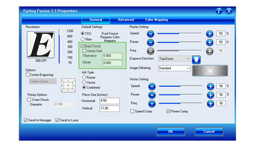 The Auto Focus settings in the Fusion print driver.