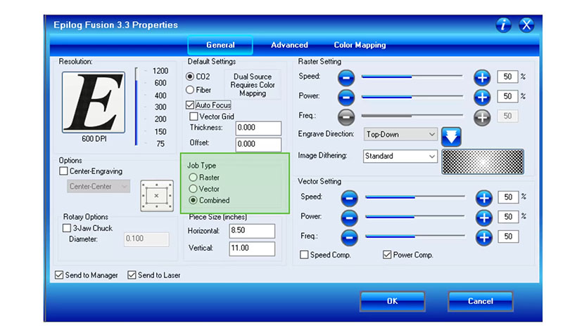 The Job Type settings in the Epilog Fusion print driver.