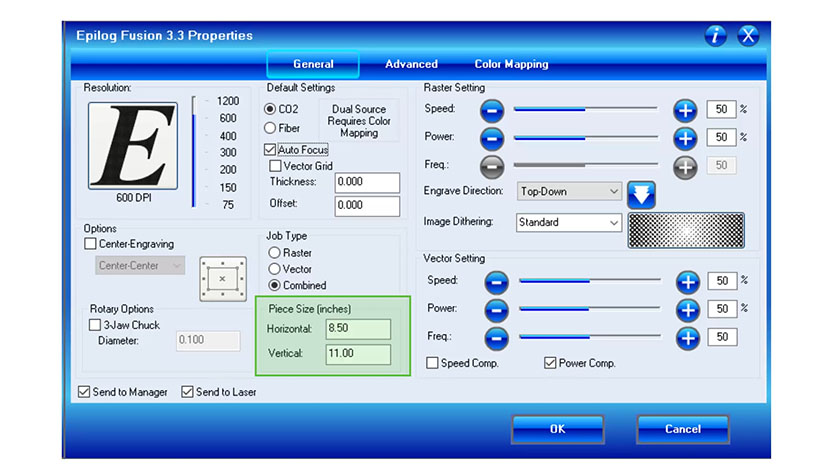 The Piece Size settings in the Epilog Fusion print driver.