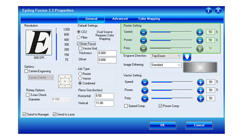 The Raster Settings in the Epilog Fusion print driver.