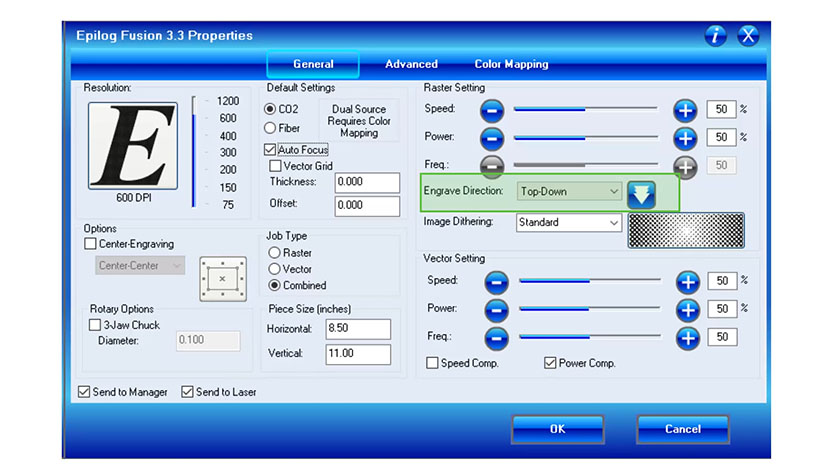 The Engrave Direction setting in the Epilog Fusion print driver.