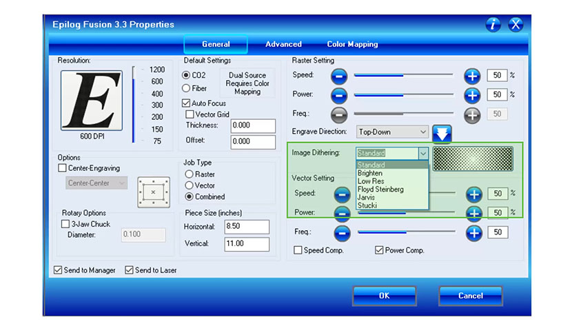 The Image Dithering setting in the Epilog Fusion print driver.