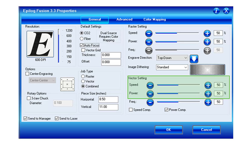 The Vector Settings in the Epilog Fusion print driver.