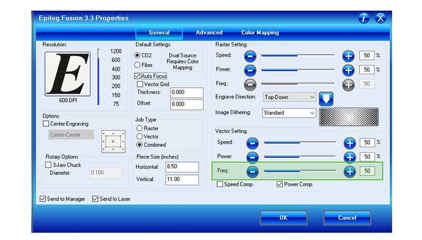 The Vector cutting frequency setting in the Epilog FiberMark print driver.