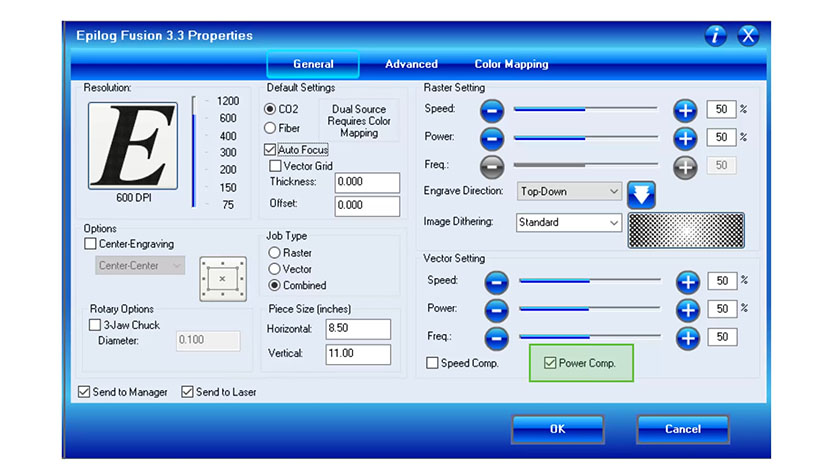 The Power Comp checkbox in the Fusion print driver.