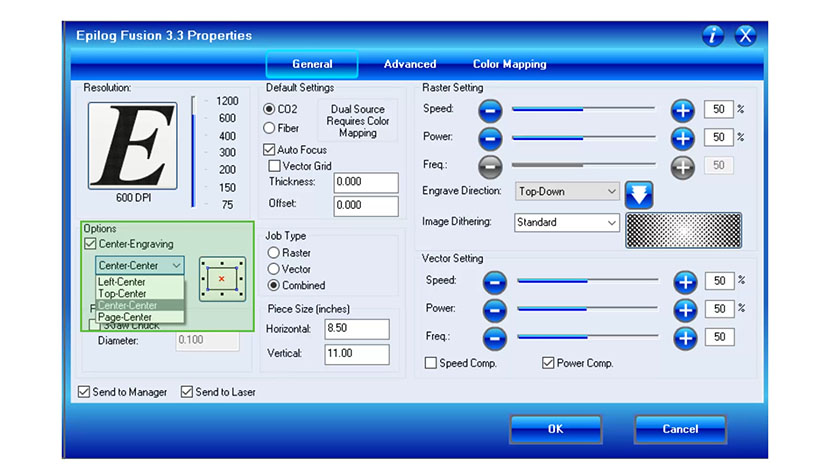 The Center-Engraving setting in the Epilog FiberMark print driver.