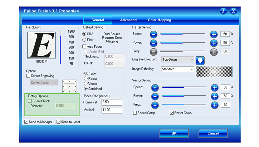 The Rotary Options in the Fusion print driver.