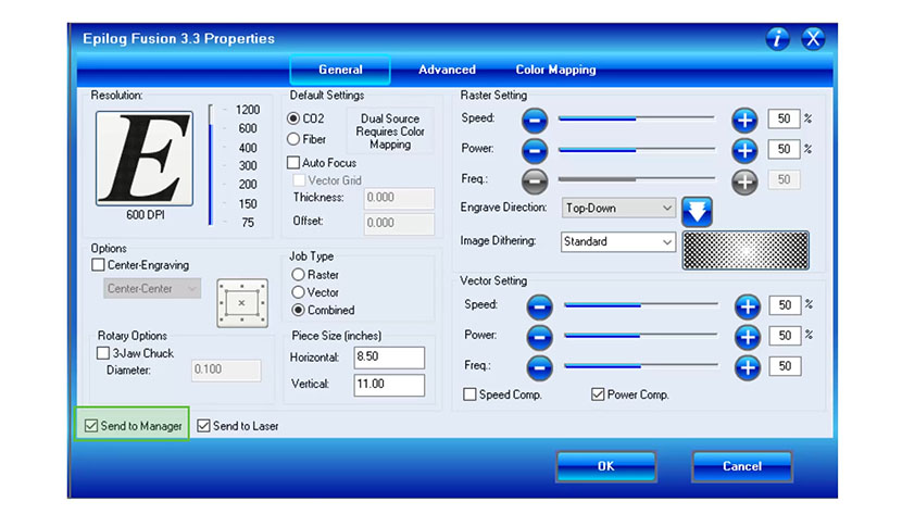 The 'Send to Laser' setting in the Epilog FiberMark print driver.