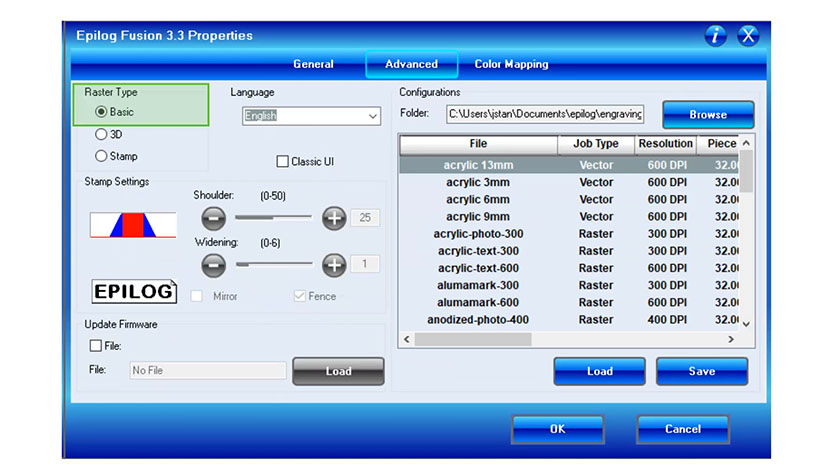 The Basic Raster Type setting in the Fusion print driver.