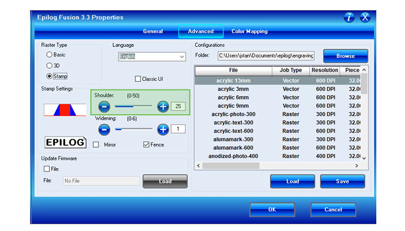 The Shoulder Stamp Setting in the Epilog Fusion print driver.