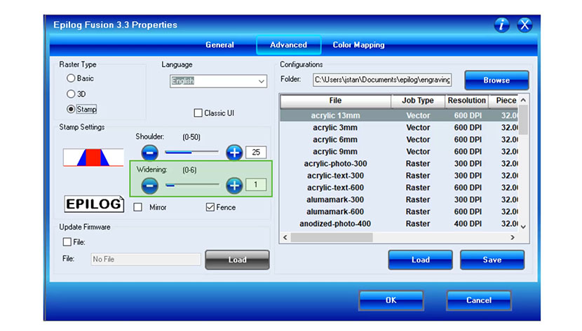 The Widening Stamp Setting in the Epilog Fusion print driver.