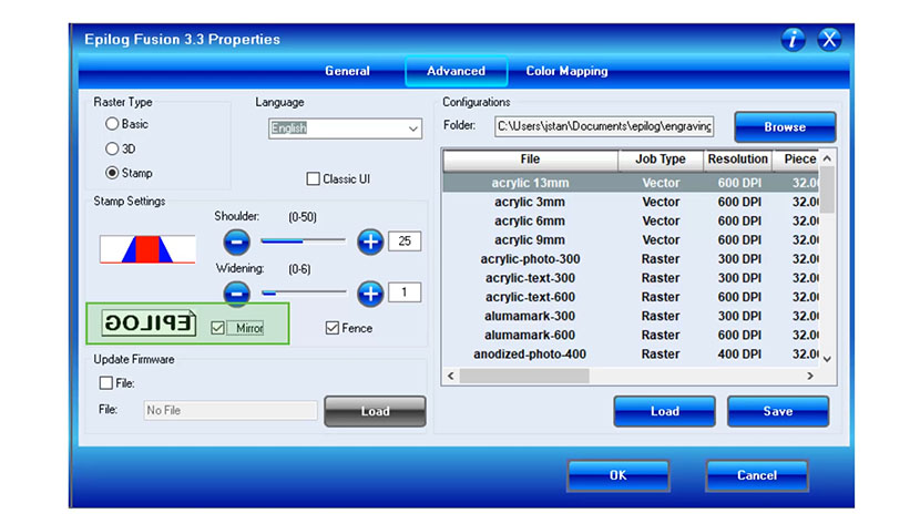 The Mirror Stamp Setting in the EPilog Fusion print driver.