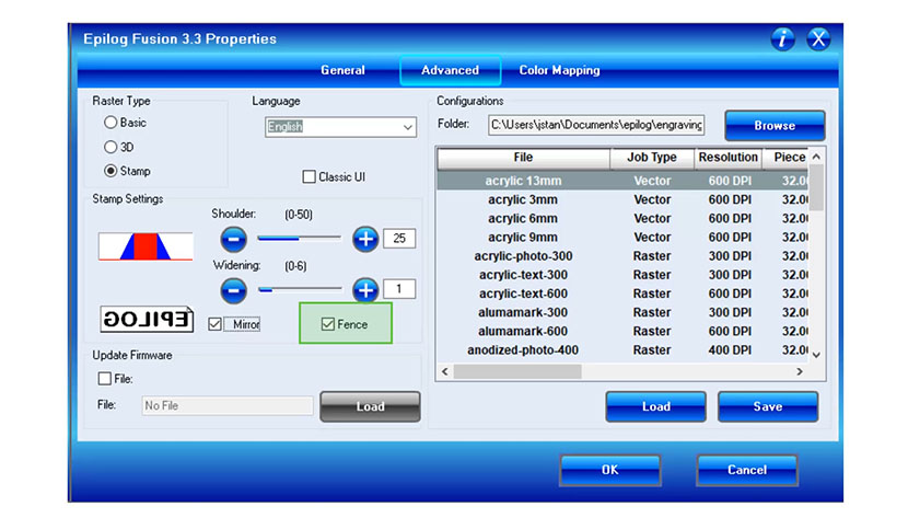 The Fence Stamp Setting in the Epilog Fusion print driver.