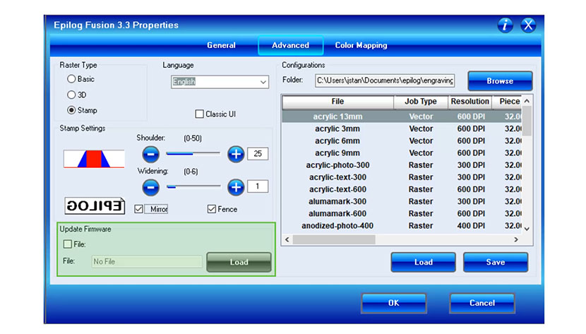 The Update Firmware section of the Epilog Fusion print driver.