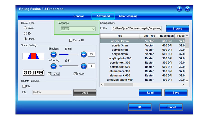 The Language drop-down in the Epilog Fusion print driver.