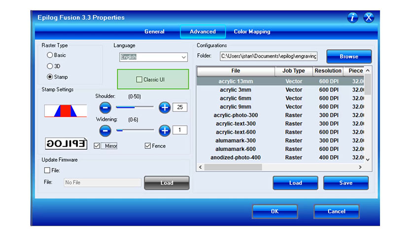 The Classic UI checkbox in the Epilog Fusion print driver.