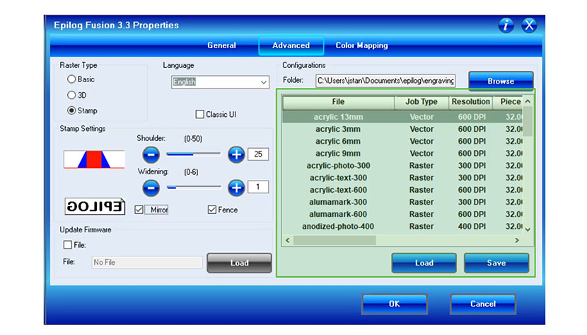 The Configurations settings in the Fusion print driver.