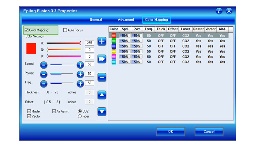 The Color Mapping checkbox in the Epilog Fusion print driver.