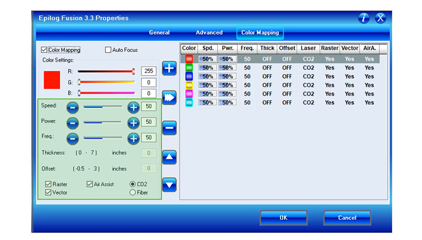 The laser settings section of the Color Mapping tab in the Epilog Fusion print driver.