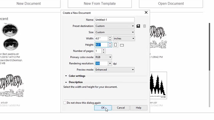 The New Document dialog in CorelDRAW.