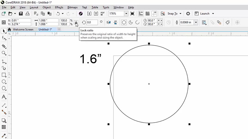 The Lock Ratio button in CorelDRAW.