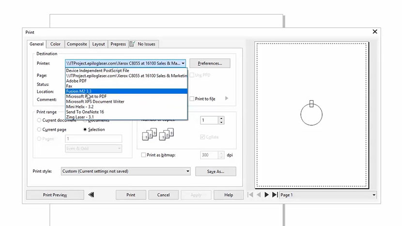 Selecting the Fusion from the Print dialog in CorelDRAW.