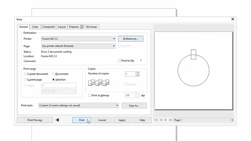 The CorelDRAW print dialog.