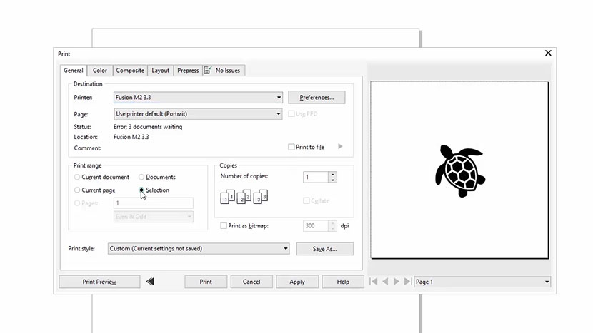 Setting the Print range to Selection in the CorelDRAW Print dialog.