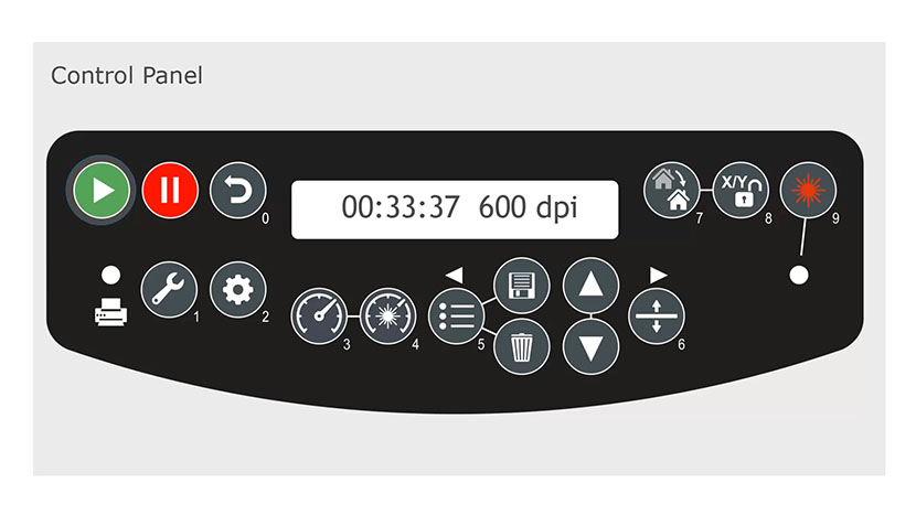 The job timer and engraving resolution displayed on the LCD panel.