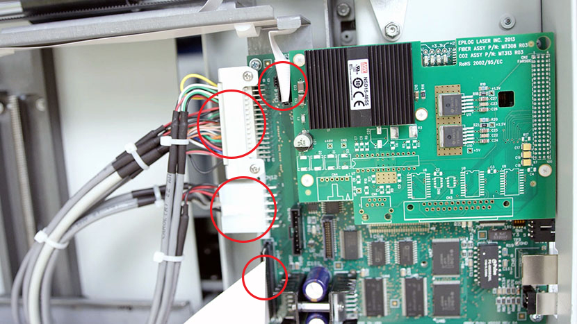 The controller board inside the machine, with the four connectors highlighted.