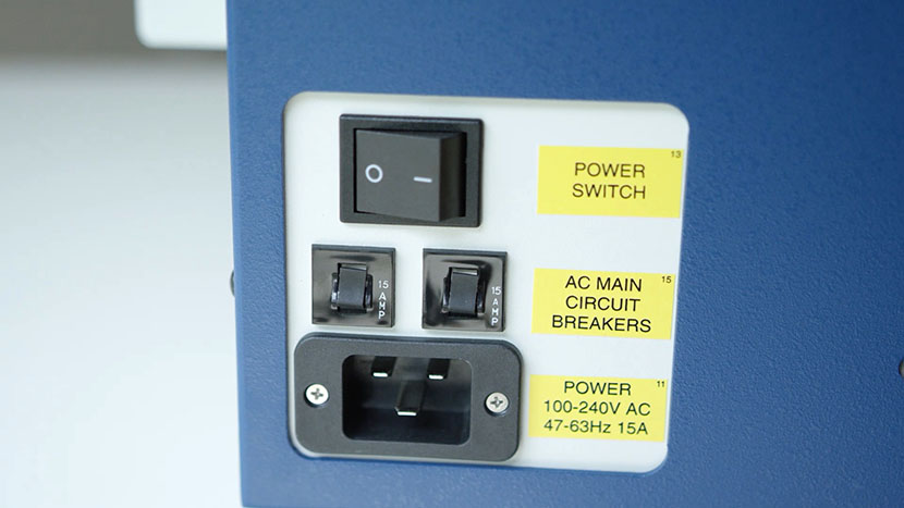 The power switch, plug, and circuit breakers.