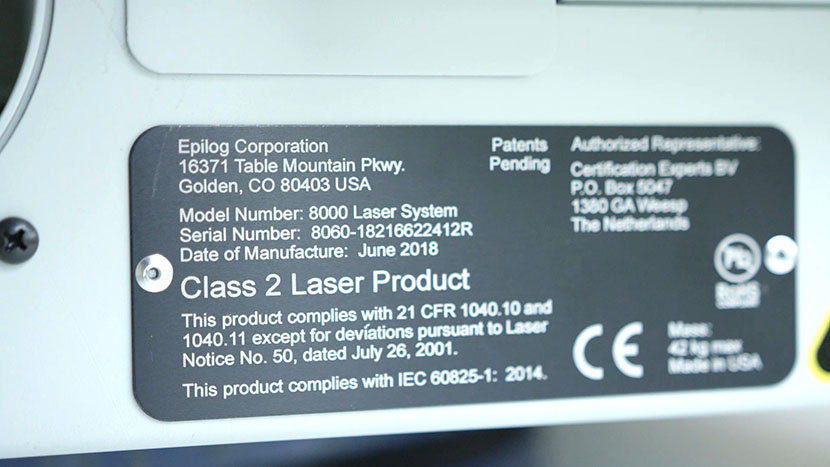 The anodized aluminum product information plaque.