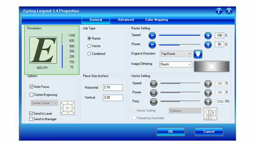 The Resolution settings in the Epilog Legend print driver. 