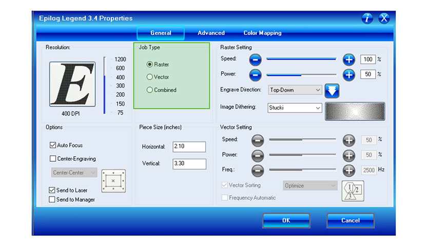 The Job Type settings in the Epilog Legend print driver.