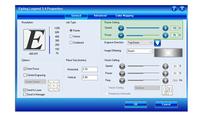 The Raster Settings in the Epilog Legend print driver.