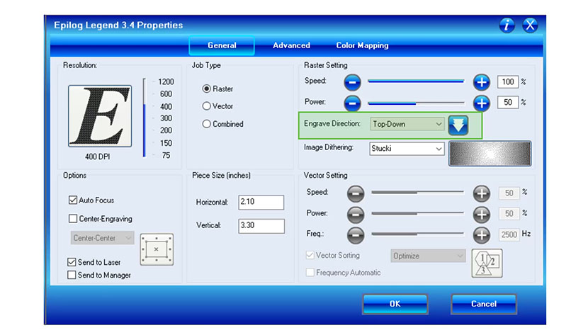 The Engrave Direction setting in the Epilog Legend print driver.