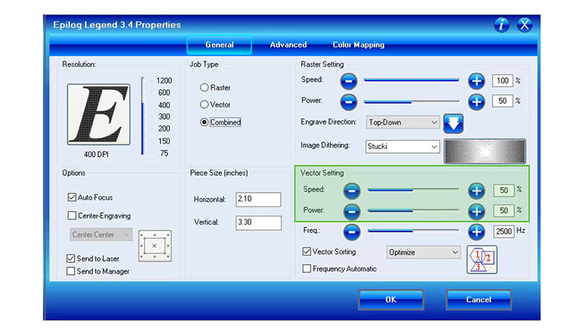 The Vector Settings in the Epilog Legend print driver.