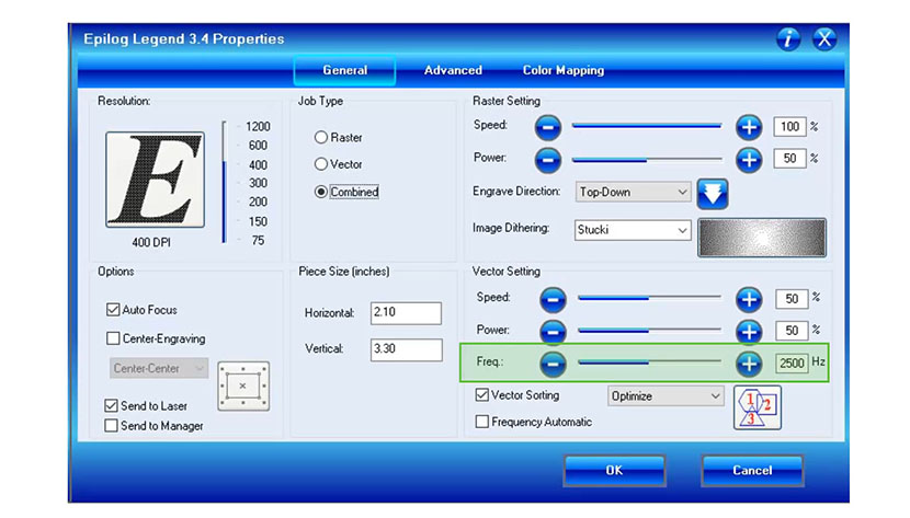 The Vector cutting frequency setting in the Epilog Legend print driver.