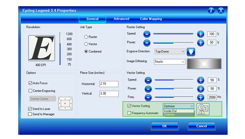 The Vector Sorting setting in the Epilog Legend print driver.