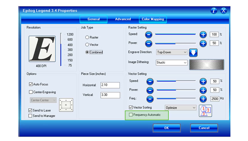 The Frequency Automatic checkbox in the Epilog Legend print driver.