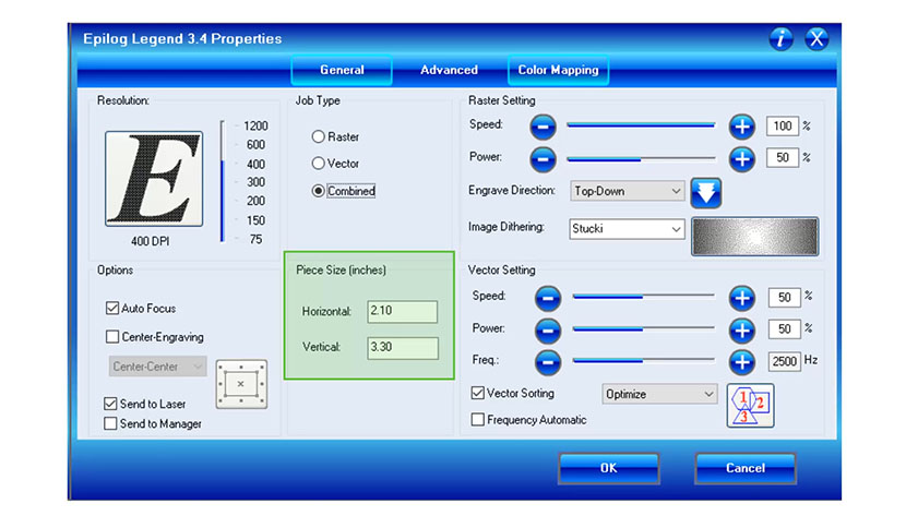 The Piece Size settings in the Epilog Legend print driver.