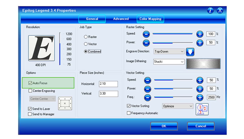 The Auto Focus checkbox in the Epilog Legend print driver.