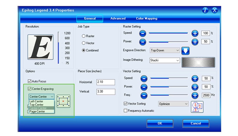 The Center-Engraving setting in the Epilog Legend print driver.