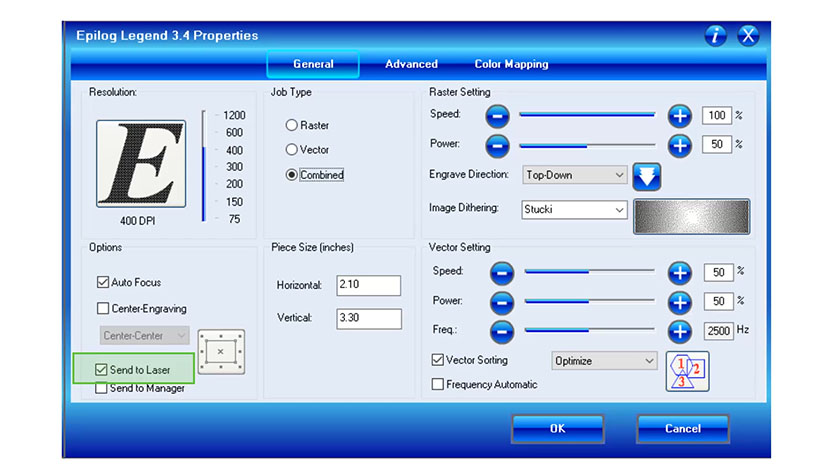 The 'Send to Laser' setting in the Epilog Legend print driver.