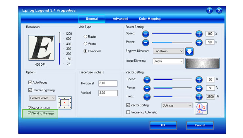 The 'Send to Manager' setting in the Epilog Legend print driver.