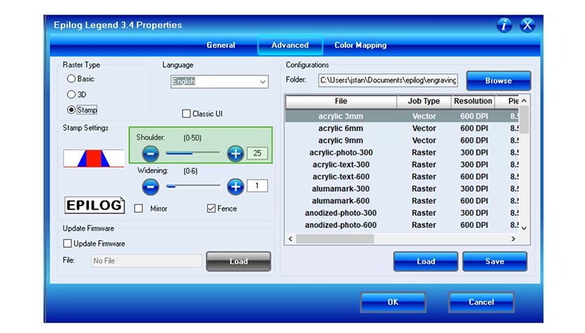 The Shoulder Stamp Setting in the Epilog Legend print driver.