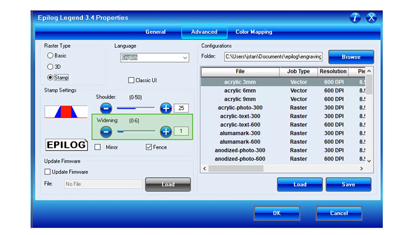 The Widening Stamp Setting in the Epilog Legend print driver.