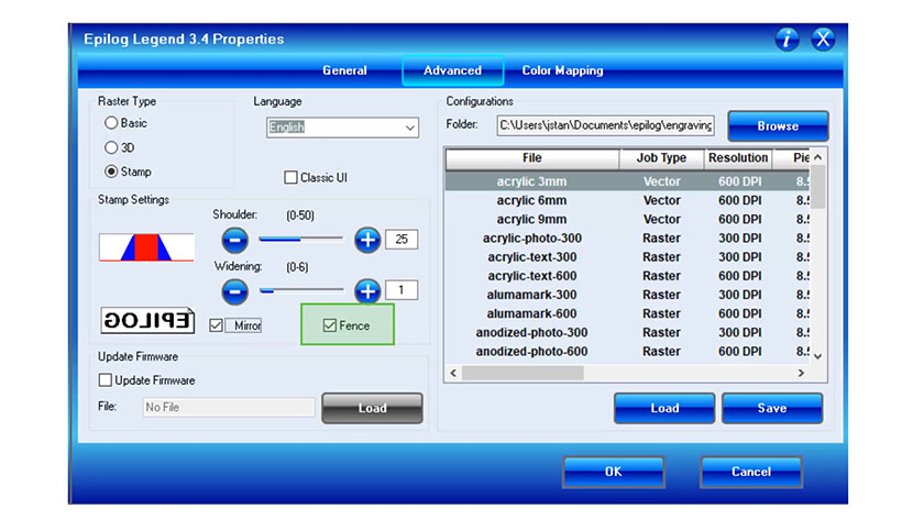 The Fence Stamp Setting in the Epilog Legend print driver.